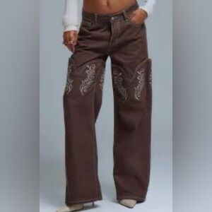 NWT Musera Brown Embroidered Western Style Wide-Leg Jeans Size 27 High Rise